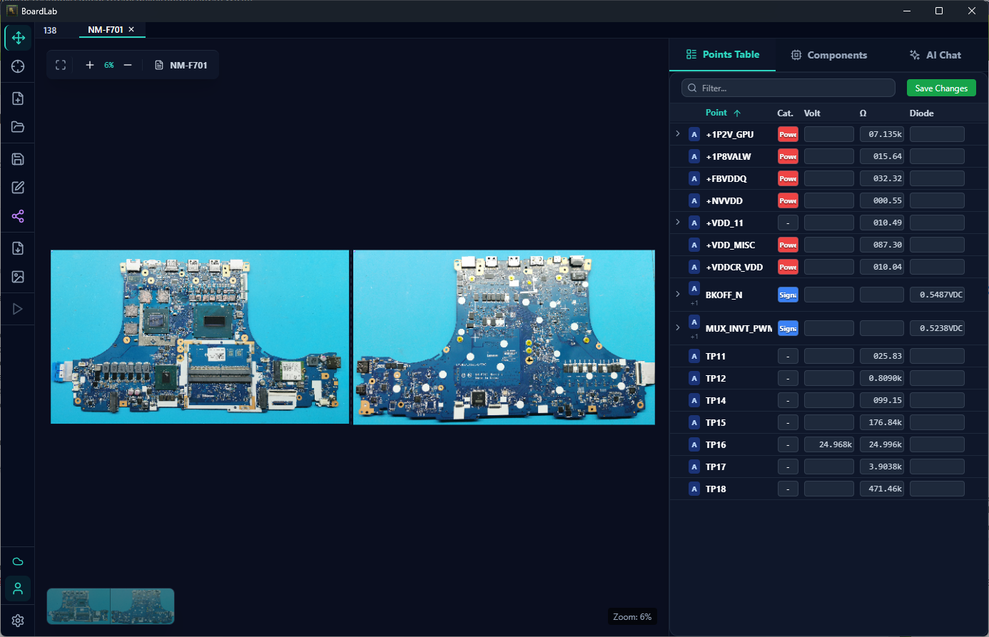 BoardLab Pro — PCB diagnostics with dual board view and measurement points table